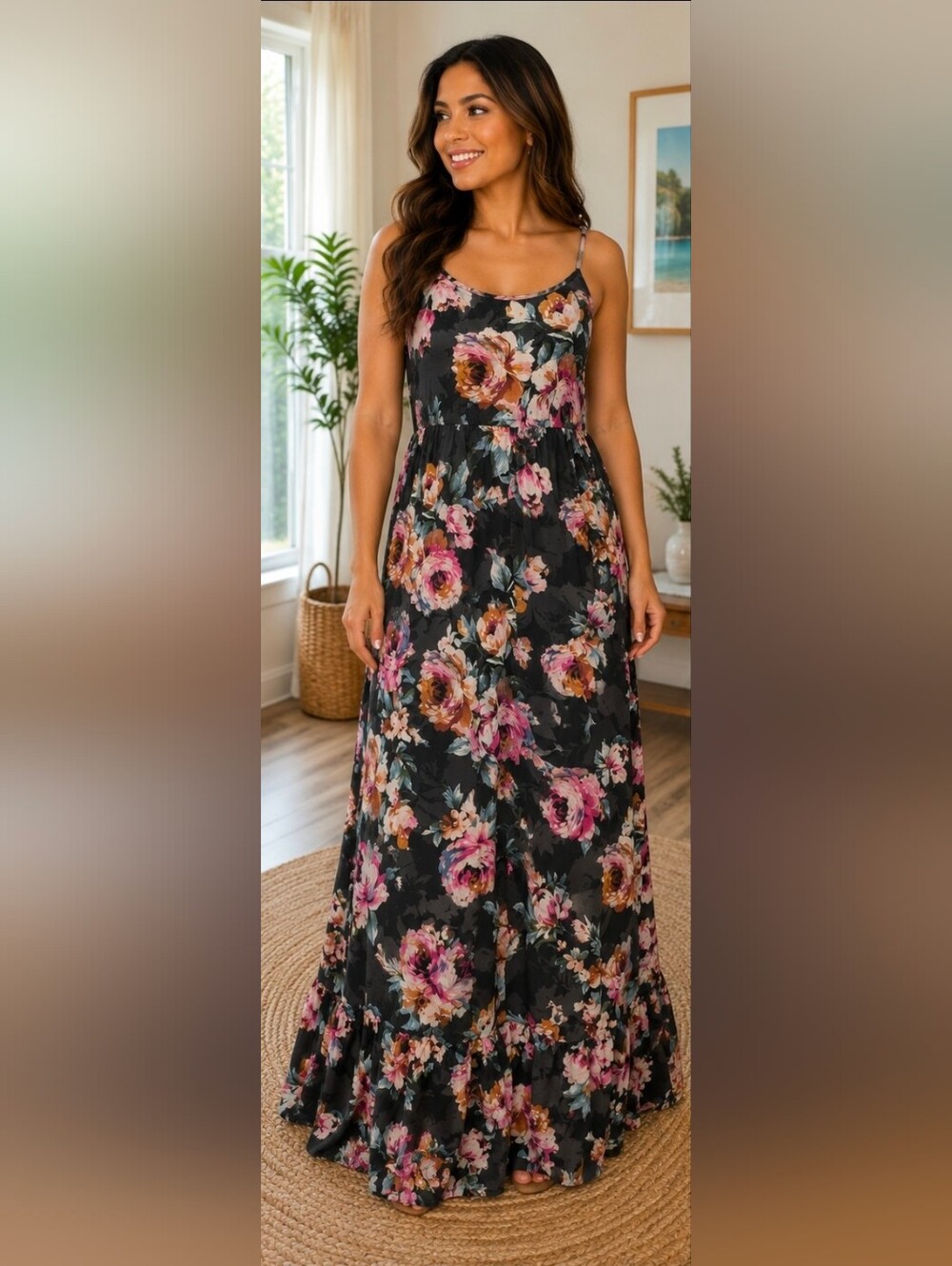 Band of Gypsies Floral Maxi Dress Women's XS Oversized Boho Flowy Black Pink